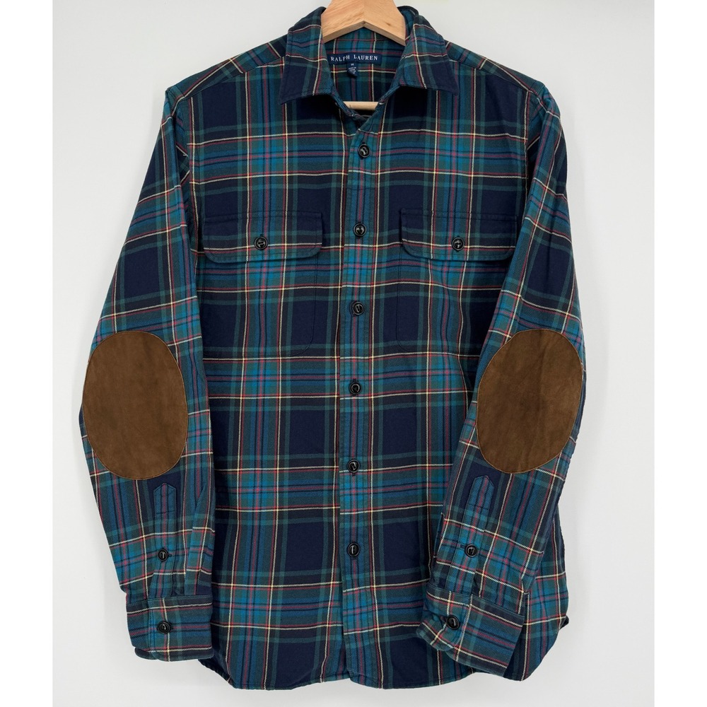 Ralph Lauren Plaid Flannel Button Up Long‎ Sleeve Shirt Top Elbow Patch Sz 14